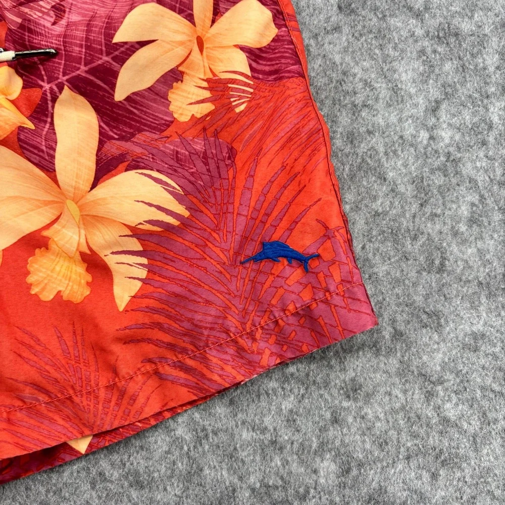 Tommy Bahama Mens Red Tropical Floral Swim Trunks Mesh Liner Cargo Pocket Sz S